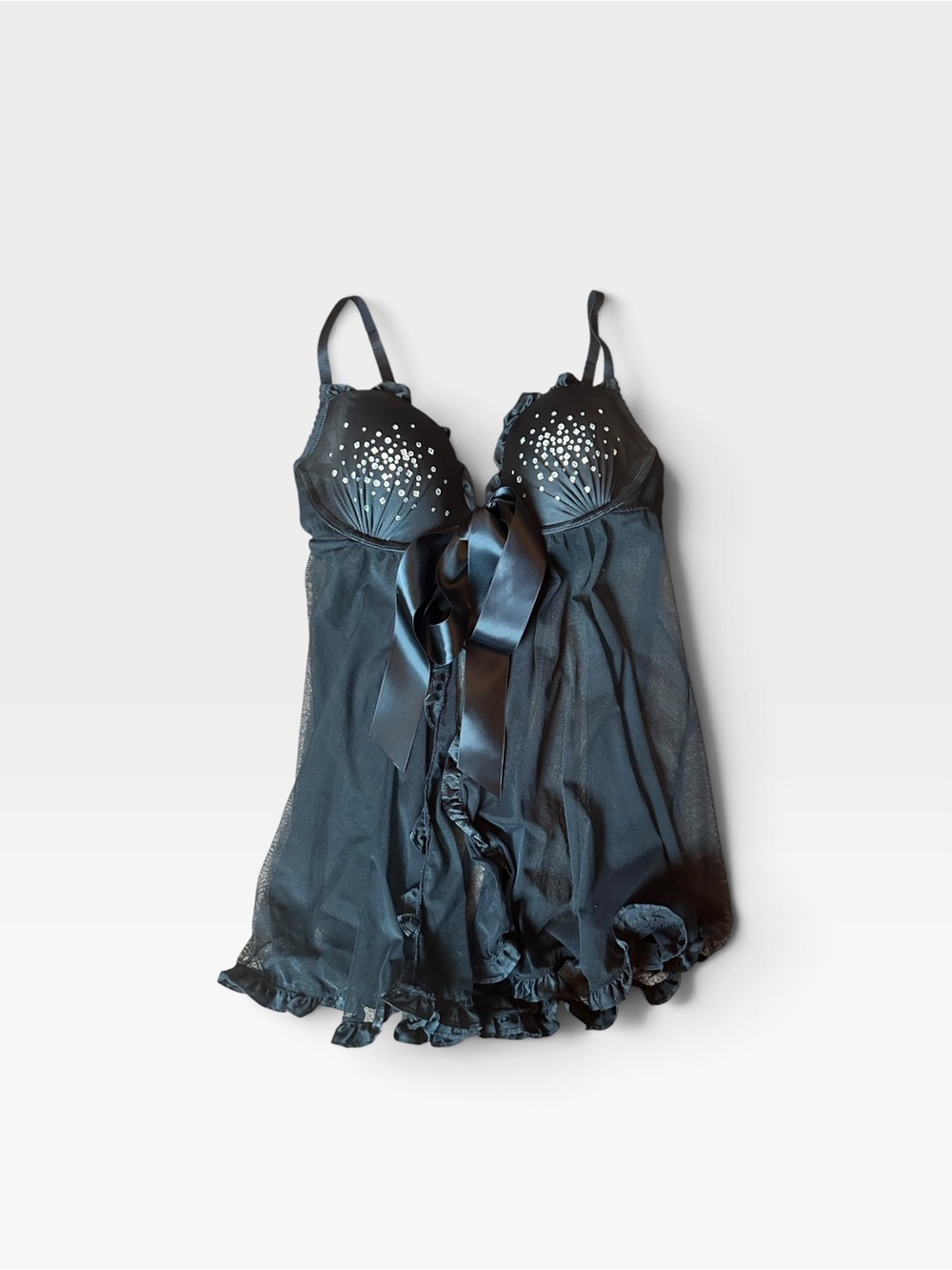 Victoria’s Secret Black Embellished Sheer Babydoll Lingerie with Satin Bow 34C